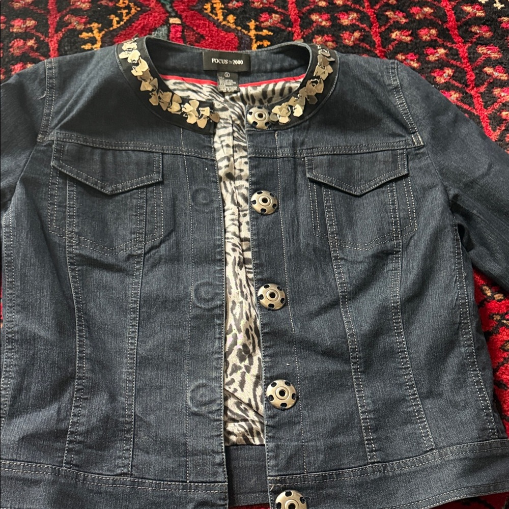 Focus 2000 Blue Denim Jacket with Floral Embellishments